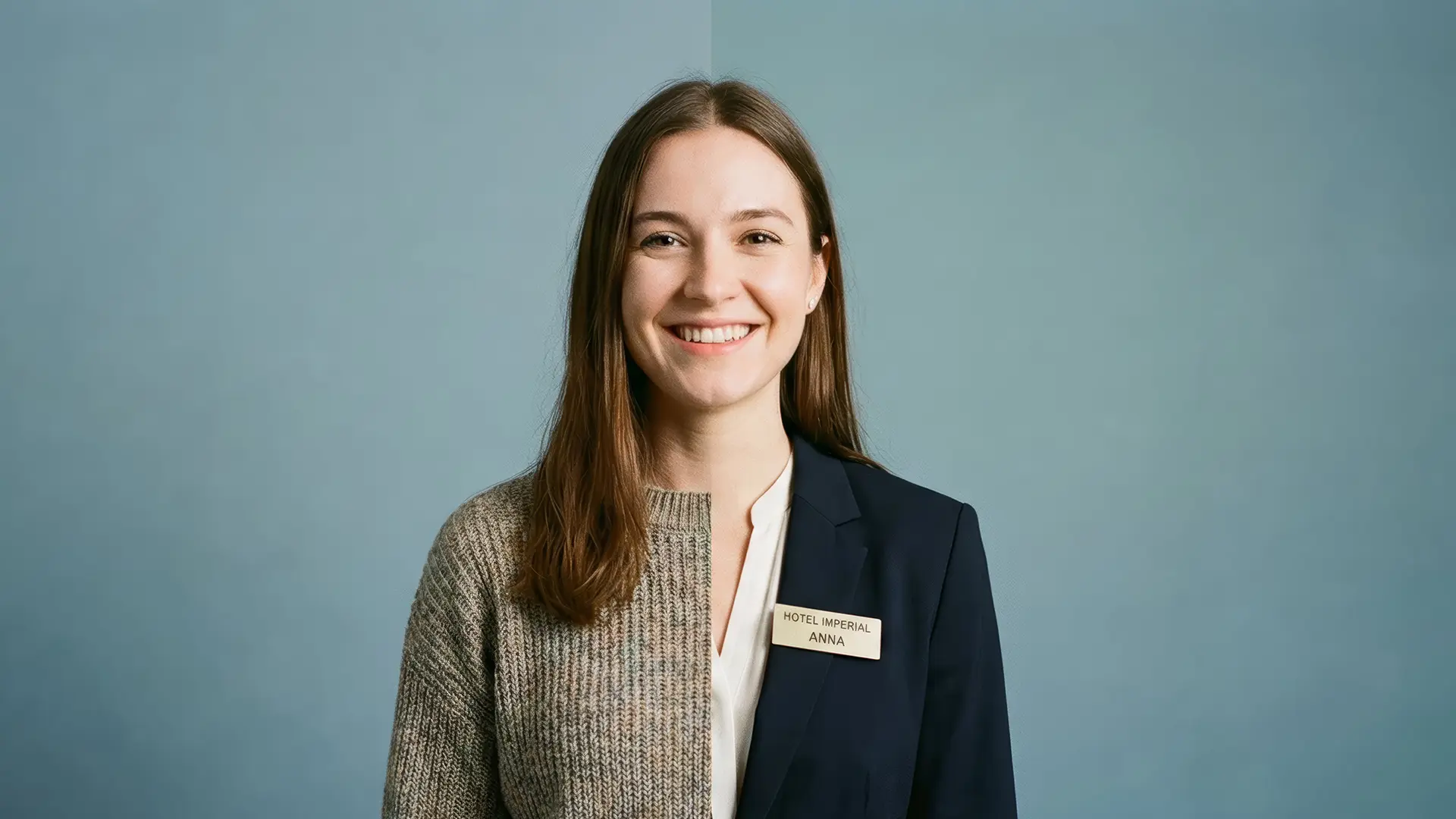 Frontales Porträt einer lächelnden jungen Frau vor ruhigem blaugrünem Hintergrund; ihr Outfit ist exakt in der Bildmitte geteilt: Links trägt sie einen grob gestrickten, beigefarbenen Pullover, rechts einen dunkelblauen Blazer mit Namensschild „Hotel Imperial – Anna“. Die kontrastierende Kleidung visualisiert den Übergang zwischen privatem und beruflichem Erscheinungsbild.