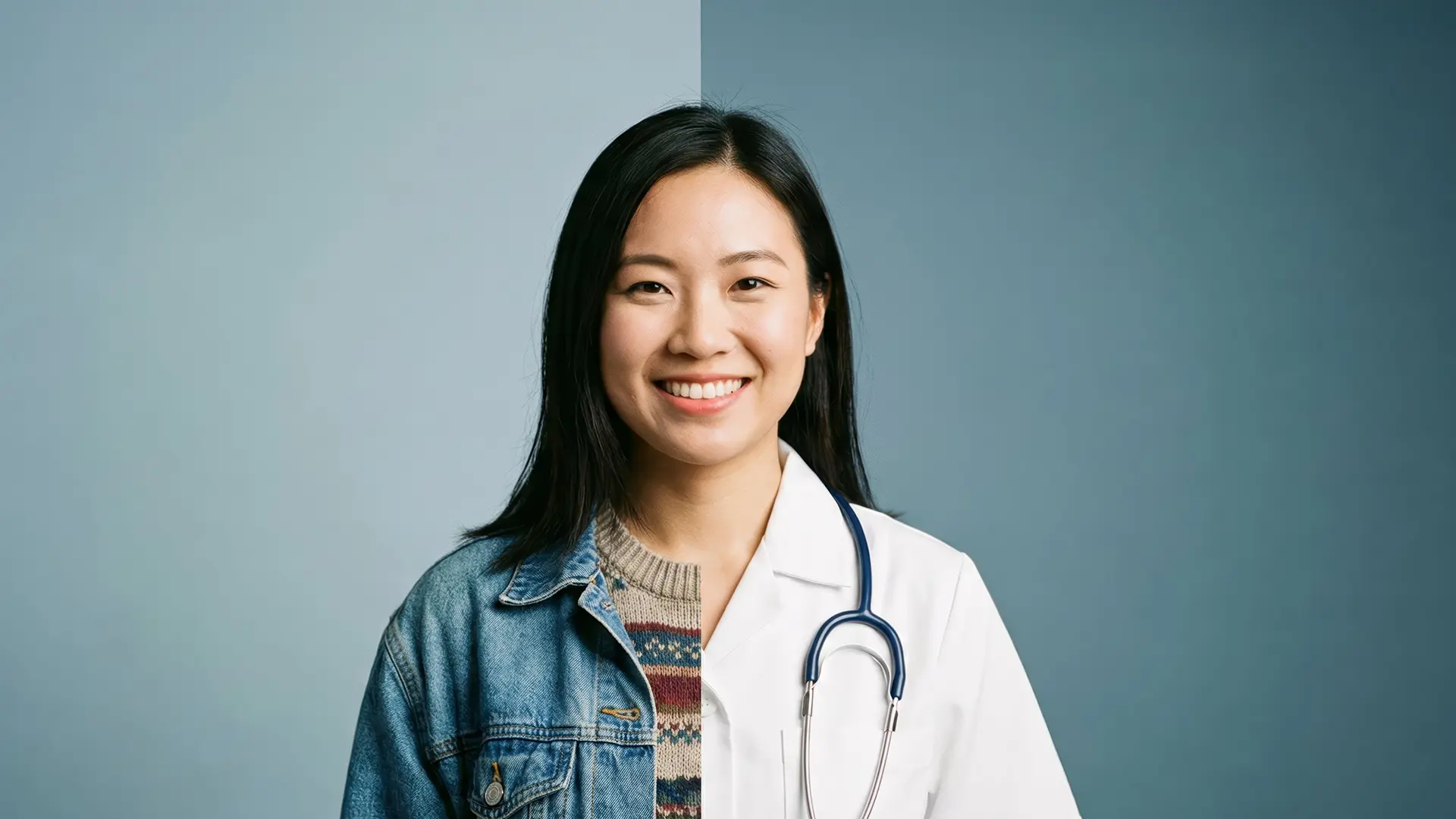 Frontales Porträt einer lächelnden jungen Frau vor zweifarbig geteiltem blauem Hintergrund; ihr Outfit ist exakt in der Mitte gesplittet: Links trägt sie eine Jeansjacke über einem gemusterten Pullover, rechts einen weißen Arztkittel mit hängendem Stethoskop. Die Darstellung kontrastiert klar zwischen privatem Alltag und medizinischem Berufsbild.