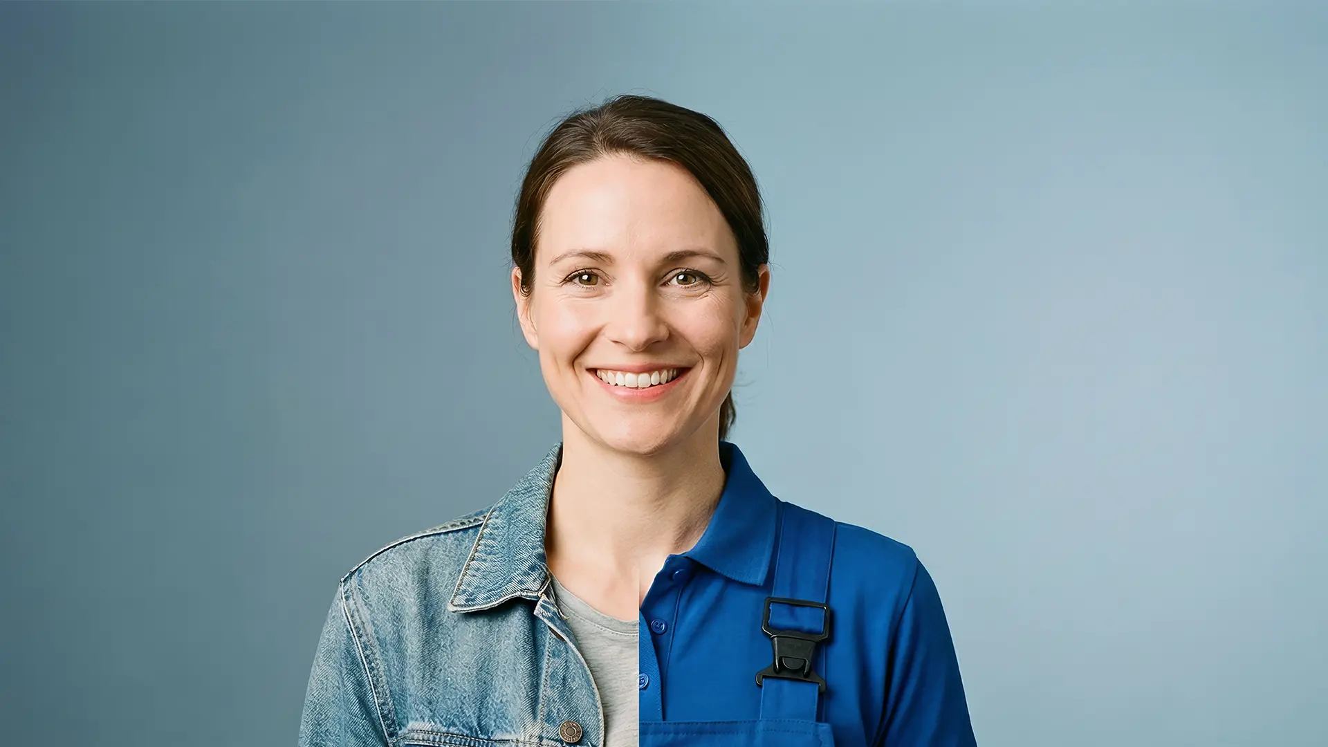Frontales Porträt einer lächelnden Frau vor hellblauem Hintergrund; ihr Erscheinungsbild ist exakt vertikal geteilt: Links trägt sie eine Jeansjacke über einem grauen Shirt, rechts eine blaue Arbeitskleidung mit Träger und Kunststoffschnalle. Die Darstellung verdeutlicht den Übergang zwischen privatem Look und handwerklich-technischer Berufskleidung.